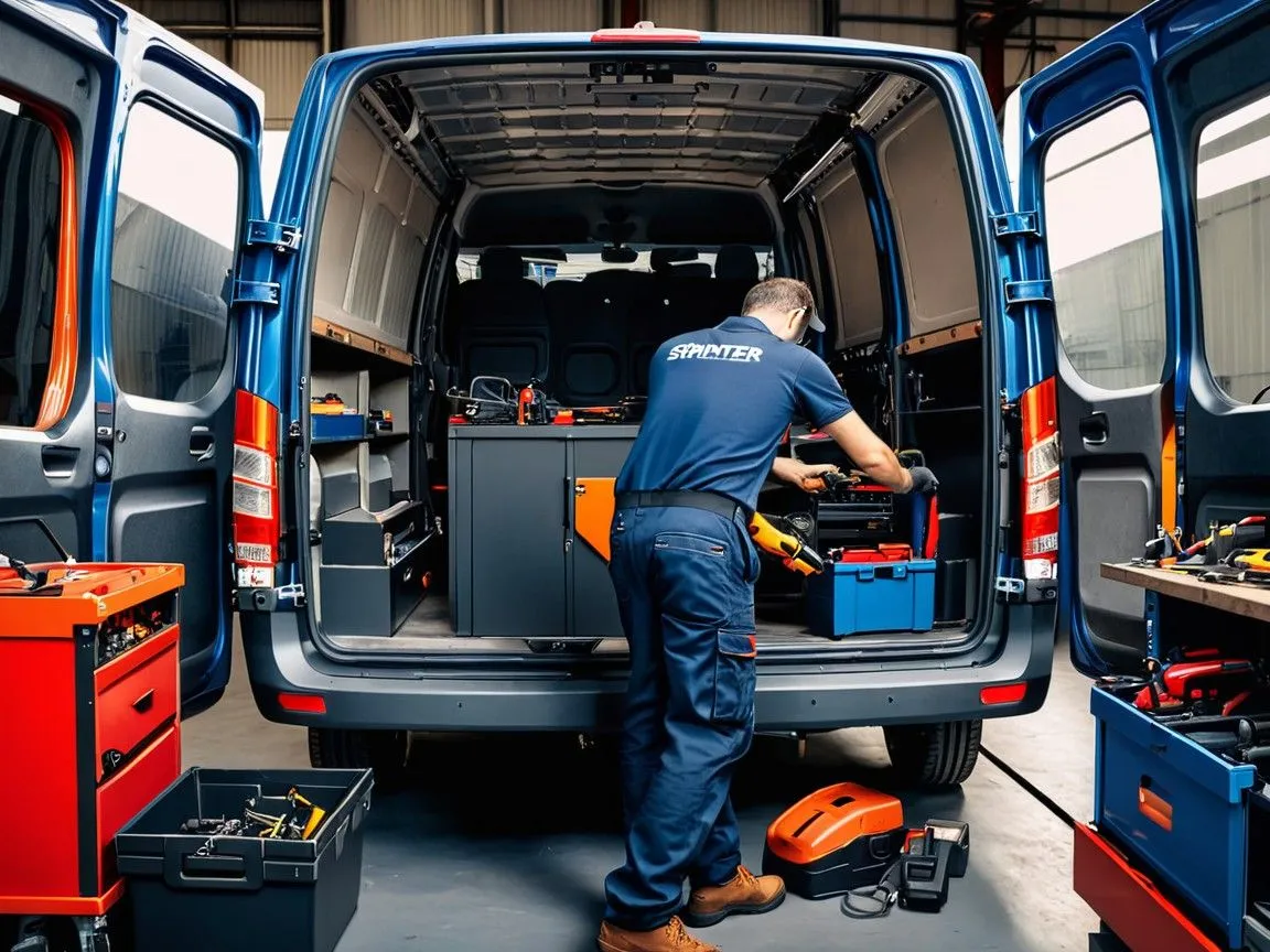 A certified Boulder, CO Sprinter Van Mechanic repairs a van in a garage, showcasing expert skills.