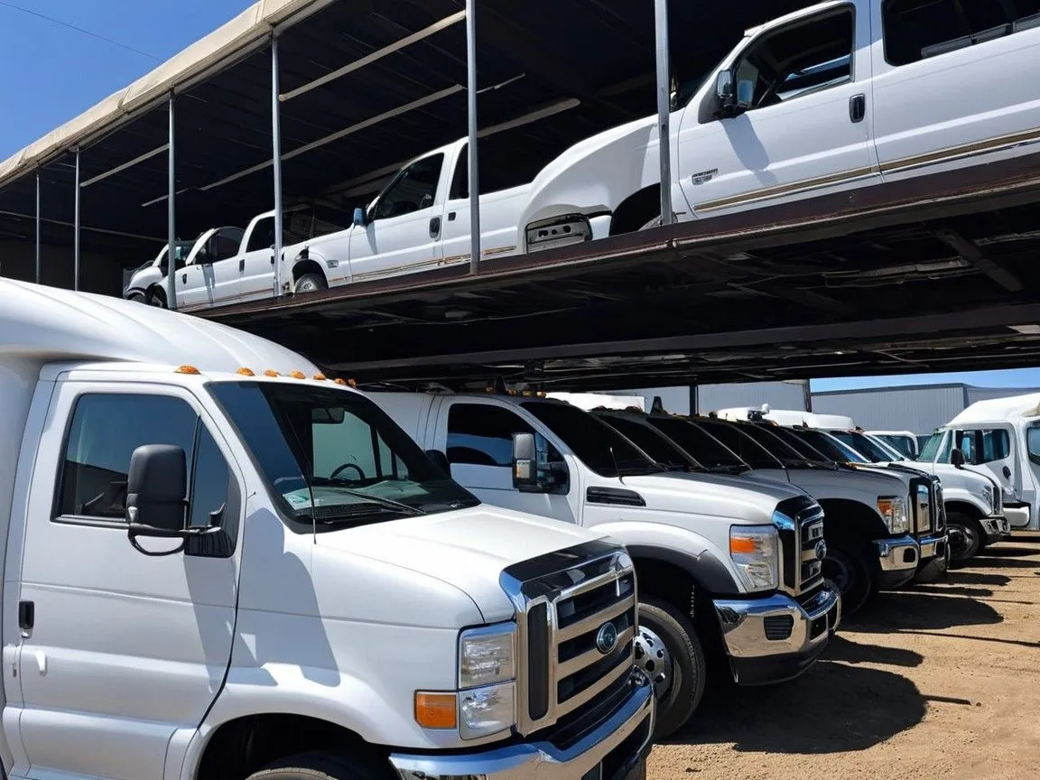A fleet of white vans parked, representing Denver Truck Fleet Service for expert mechanic repairs.
