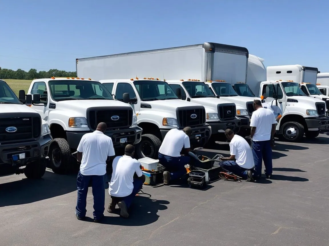 A fleet of white vans parked, representing Denver Truck Fleet Service for expert mechanic repairs.